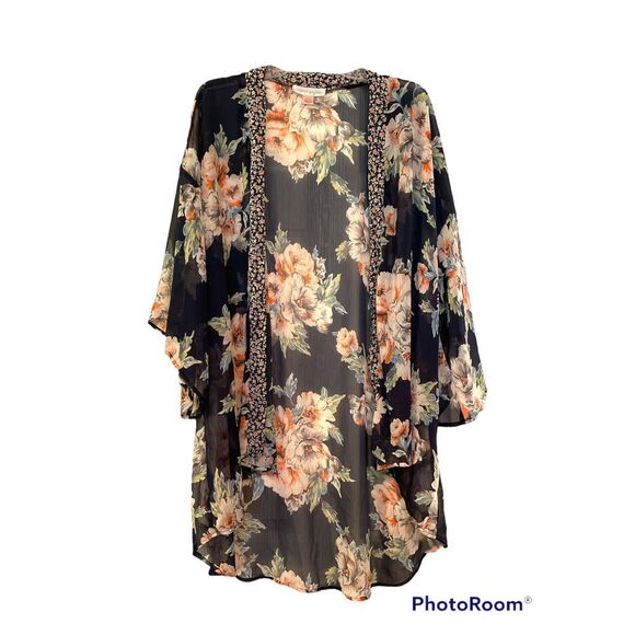 13. Band of Gypsies Navy Red Cream Floral Peony Sheer Kimono Duster Size xs/s - Picture 1 of 11